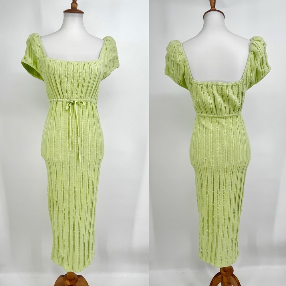 LPA Coco Ribbed Knit Square Neck Puff Sleeve Midi Sweater Dress Lime Green - Picture 4 of 8